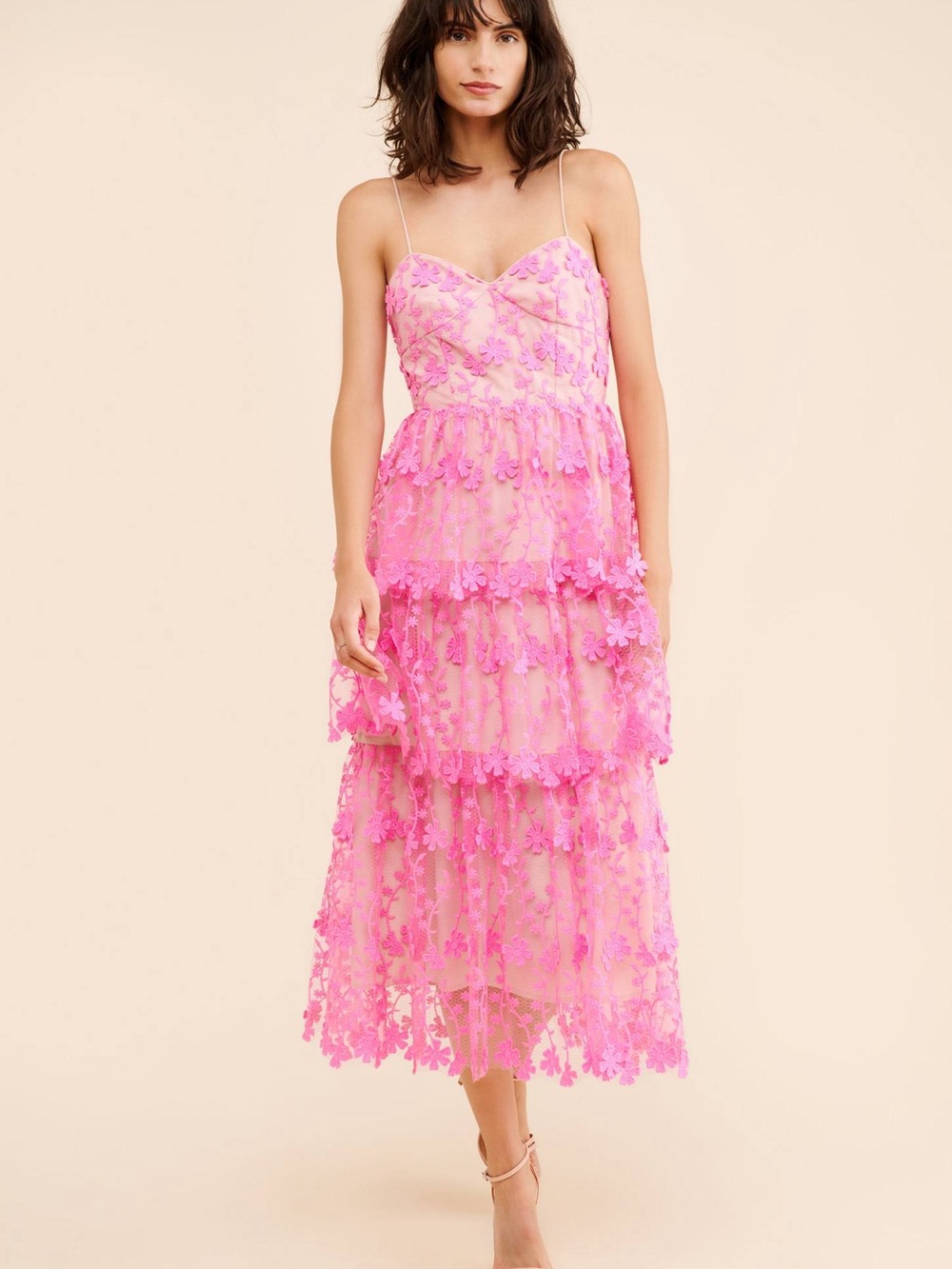 Endless Rose Pink Tiered Lace Midi Dress